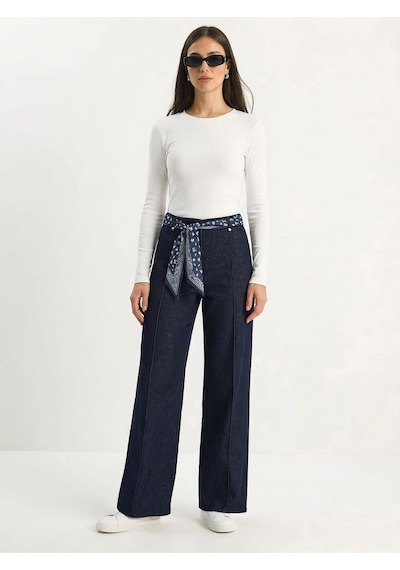 Shade Kadın Saten Kemer Detaylı Wide Leg Denim Pantolon 7510 60283941 - Lacivert