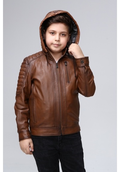 Erkek Kapşonlu Hakiki Deri Çocuk Mont (544735300) Taba