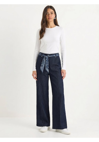 Shade Kadın Saten Kemer Detaylı Wide Leg Denim Pantolon 7510 60283941 - Lacivert