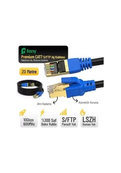 Feny Fn-cat7ls20 10gbps İnternet 60mhz 20 Metre Cat7 Gold Patch Kablo Yanmaz- Yüzde 100 Saf Bakır