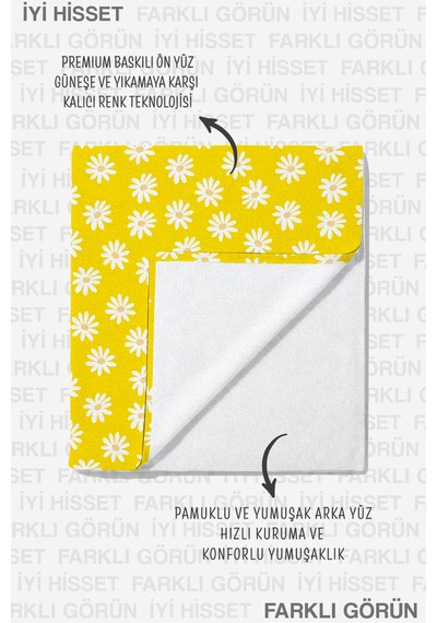 Papatya Sarı Çiçekli Plaj Havlusu - Bohem Yaz Temalı Beyaz Motifli Hızlı Kuruyan Mikrofiber Havlu Uçuk Yasemin