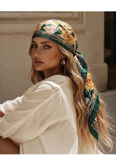 Trend Dokunuş Kadın 70-70 Saten Güldesenli Fular Bandana Gül