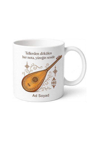 Bağlama Üstadına Özel Anadolu Türküleri Saz Çizimli Hatıra Kupa Bardak Hediye Beyaz / Çok Renkli
