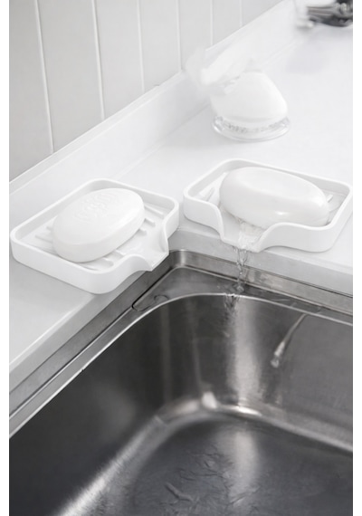 Beyaz Silikon Katı Sabunluk Vantuzlu Su Giderli Kaymaz Banyo Mutfak Organizeri 12 cm