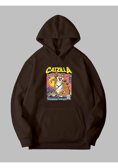 Harmandar Üç İplik Catzilla Baskılı Unisex Kahverengi Kanguru Cepli Kapüşonlu Sweatshirt Hoodie Catzillakahverengisweat Harmandar Üç İplik Catzilla Baskılı Unisex Kahverengi Kanguru Cepli Kapüşonlu Sweatshirt Hoodie Catzillakahverengisweat