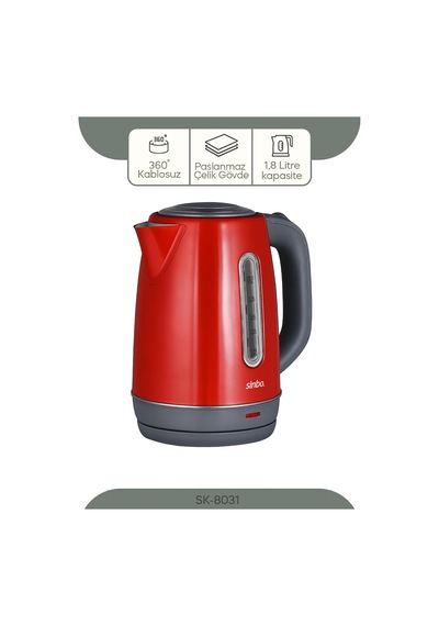 Sk-8031 Su Isıtıcı Kettle Paslanmaz Çelik, 1.8 L, Inox, Otomatik Kapanma Kırmızı