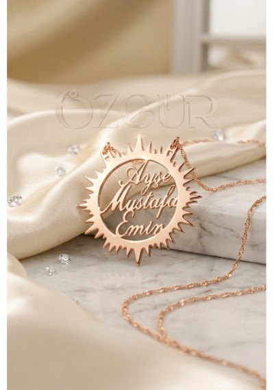 925 Ayar Gümüş 3 İsimli Güneş Figürlü Kolye Rose Gold