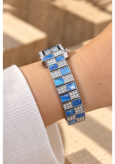 Rubenis Swiss Kadın Kol Saati 22x18 Mm Kristal Taşlı Çelik Kasa Ve Bilezik Mavi Sedef Detaylı Gümüş