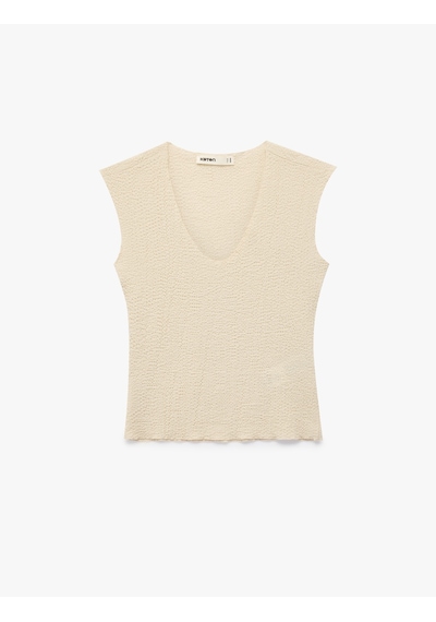 Koton Bürümcük Kumaş Dokulu U Yaka Kolsuz Bluz Ekru 6sak10260ek