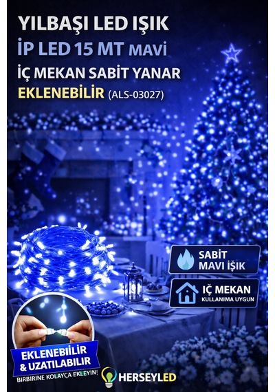 Yılbaşı Led Işık İp Led 15 Mt Mavi İç Mekan Sabit Yanar Eklenebilir Mavi