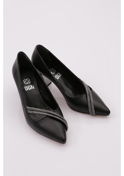 Dgn 3201 Kadin Sivri Burun Silver Taşli Kalin Topuklu Ayakkabi 3201-1423-R1534 Siyah