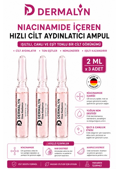 Dermalyn 3 Adet Niacinamide İçeren Hızlı Cilt Aydınlatıcı Glow Etkili Nemlendirici Ampul Serum Dermaroller