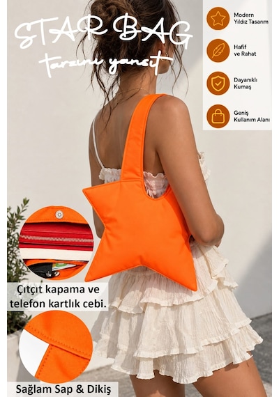 Tuttobene Star Bag Yıldız Çanta Çıtçıtlı İç Cepli Özel Tasarım Omuz Çantası Su Geçirmez Leke Tutmaz Tb052 Turuncu