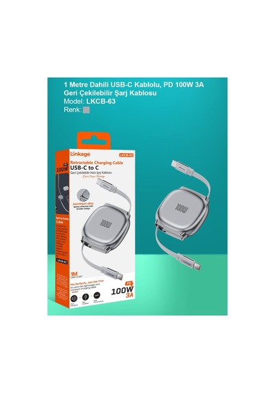Lkcb-63 Pd 100w 3a, 1metre Usb-c Den C Ye Geri Çekilebilir Şarj Kablosu
