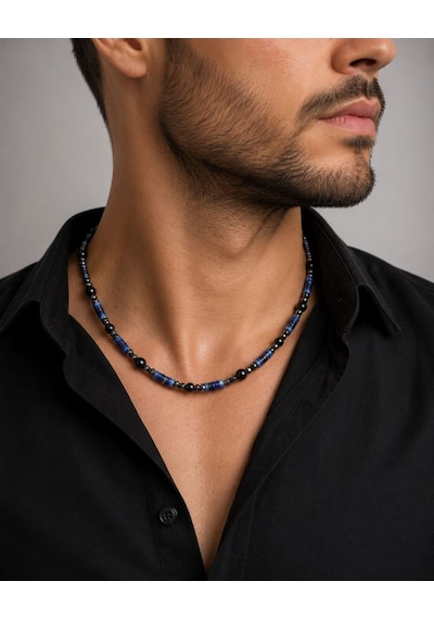 Lapis Lazuli, Oniks Ve Hematit Doğaltaş Erkek Kolye Çok Renkli