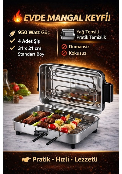 Taner Standart Boy Elektrikli Izgara Mangal Barbekü 31 x 21 CM - 950 W Tnrz1700