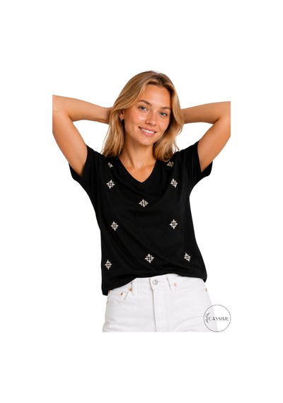 Cassime Kadın Siyah Çiçek Taşlı %100 Pamuk Relaxed Fit Basic Tişört