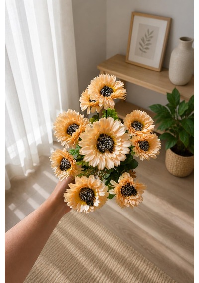 Yapay Gerbera Çiçek Demeti Şeftali Renk Dekoratif Vazo Çiçeği Ev Ofis Salon Süsü 41 Cm