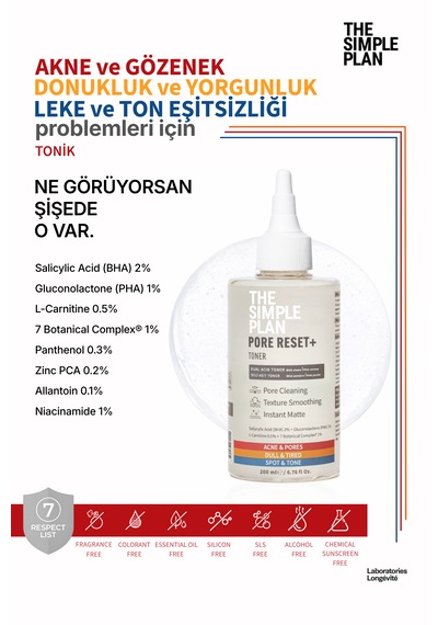 The Simple Plan Pore Reset+ Toner %2 Salisilik Asit Bha + %1 Pha + %0,5 L-karnitin, Gözenek Bakım Toniği, 200 Ml