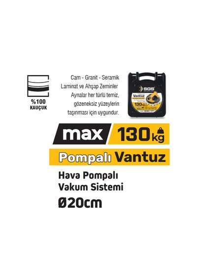 Sgs957 - 130 Kg Hava Pompalı Vakum Sistemli Vantuz Çap 20cm - Cam - Granit - Seramik - Laminat Ve Ahşap Taşıma