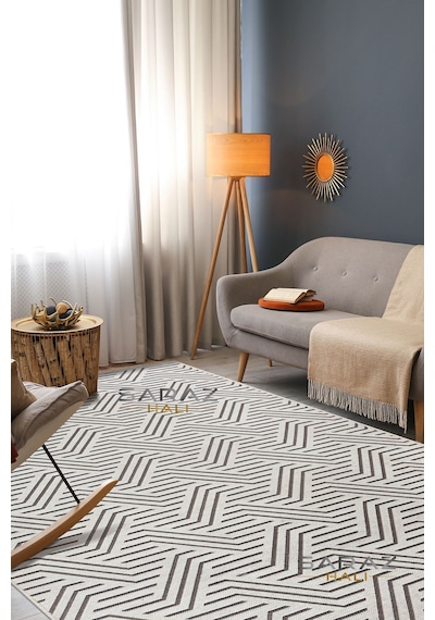 Saraz Halı Ada Kilim Modern Salon Mutfak Koridor Kesme Yolluk Dokuma Makine Halısı Zigzag Krem Krem