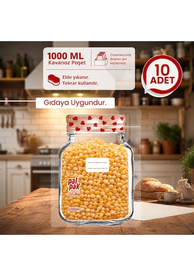 Kalp Desenli Büyük Boy Kavanoz Görünümlü Kilitli Doypack Saklama Poşeti 17x27cm - 1000ml 10 Adet