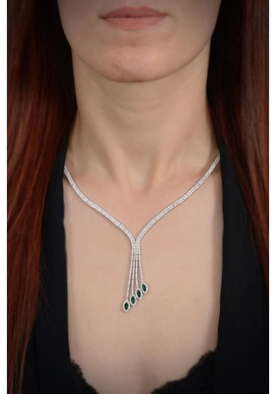 Kadın Gümüş Set - Aura Yeşil Taşlı Su Yolu Set • Işıklı Kutuda • Düğün • Nişan • Gelin Seti