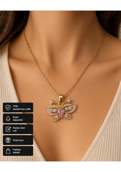 Butterfly Kadın Kolye Altın Renk Paslanmaz Çelik Pembe Detaylı Hediye Altın - Gümüş