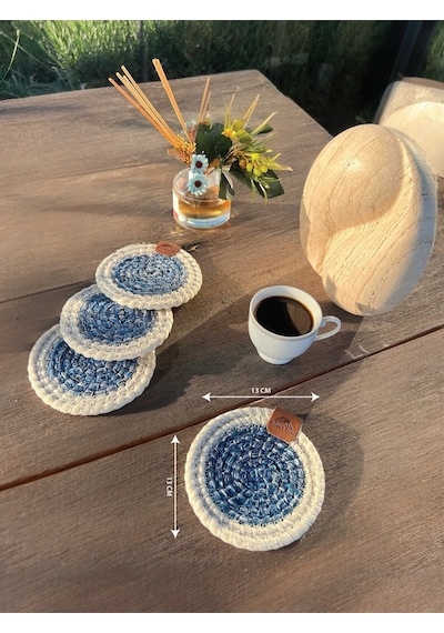 4 Adet Yuvarlak Bardak Altlığı- Leke Tutmaz- Beyaz-mavi 13x13 Cm Beyaz - Mavi
