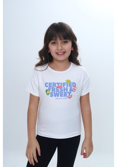 Toontoy Kids Toontoy Kız Çocuk Bisiklet Yaka Düşük Omuz Kısa Kollu Baskılı Tişört 24976 Ekru