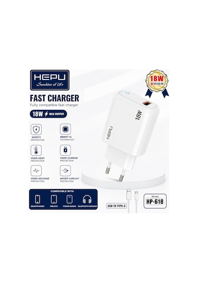 Hepu Hp-618 18w 3a Hızlı Şarj Adaptörü İos Uyumlu Lightning Kablo Dahil Qualcomm Quick Charge Destekli 18 W