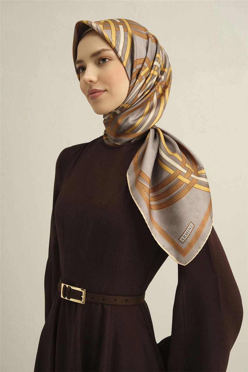 Armine Klasik Desenli Saf İpek Twill Eşarp 9333d 32 Sarı