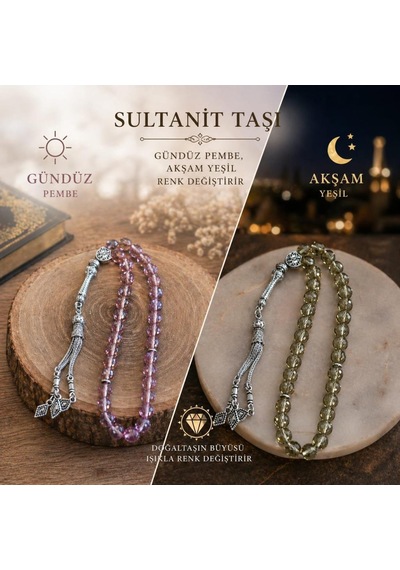 Sultanit Taşı 33 Lü Tesbih 08 Mm Gündüz Pembe Akşam Yeşil Renk Değiştiren Doğal Taş Zultanit Tesbih Özel Tasarım