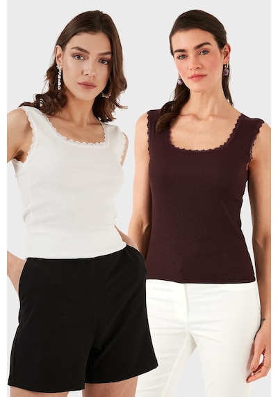 Lela Slim Fit Kalın Dantelli Kare Yaka Bürümcük 2'Li Paket Bayan Atlet 5864979S2 Ekru-Vişne