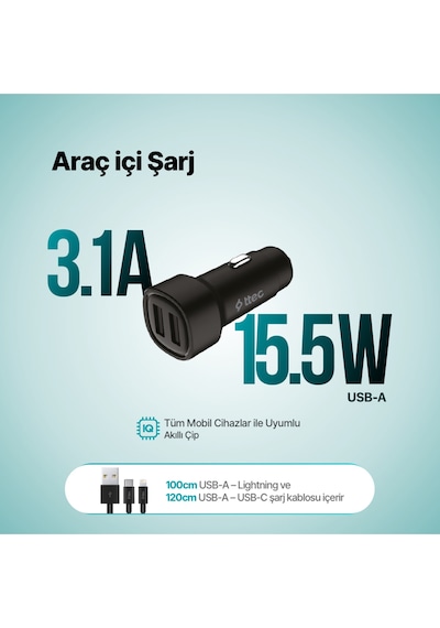 Smartcharger Duo 3.1a Araç Şarj Aleti Çift Usb + Usb-c Ve Lightning Kablo