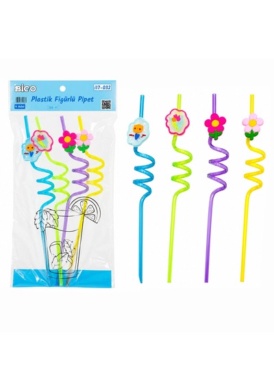 4pcs Kıvrımlı - Renkli Plastik Pipet Figürlü Mix "
