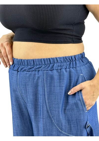 Büyük Beden Viskon Fermuarlı Cep Detaylı Kapri Kol Jogger İkili Takım Mavi