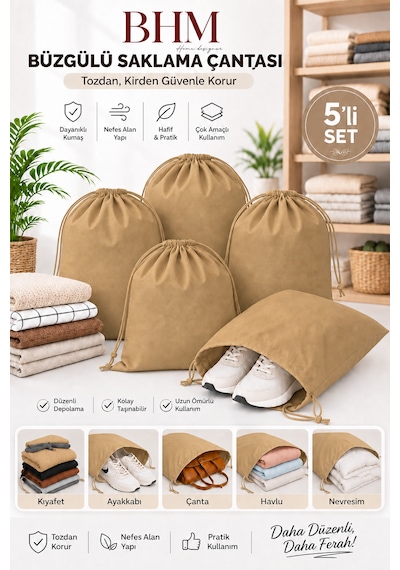 5'li Büzgülü Saklama Çantası 35x45 Cm Nefes Alan Ayakkabı Kılıfı Toz Koruyucu Organizer Bej