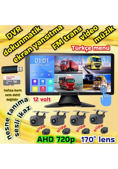 4 Adet Ahd 720p Nesne Tanımalı Sesli İkazlı Kamera Dvr Dokunmatik Monitör 12 Volt