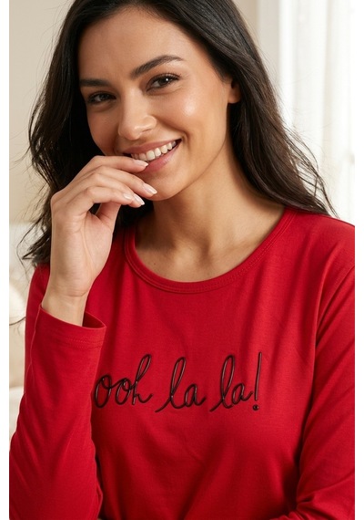 Aura Collections Kadın Desenli Bambu Viskon Uzun Kollu Soft Örme Mevsimlik Pijama Takımı Kırmızı