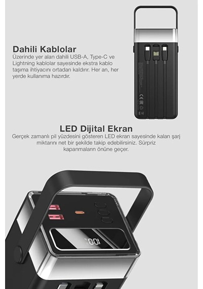 80.000 Mah Süper Kapasiteli Led Işıklı Powerbank Hızlı Şarj, Usb-c & Çoklu Cihaz Desteği Siyah