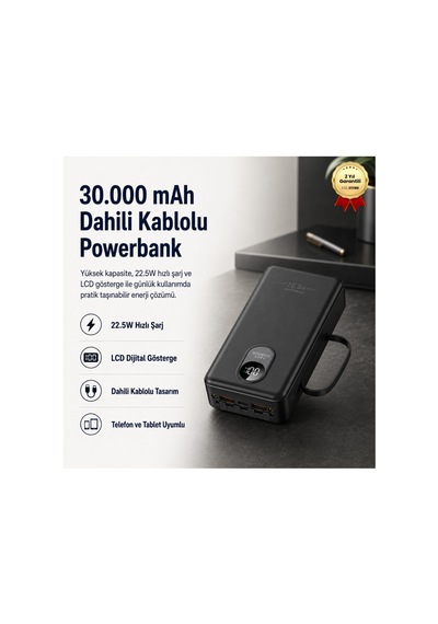 30.000mah 22.5w 3a Hızlı Şarjlı Dahili Kablolu Lcd Göstergeli Hızlı Powerbank-1665 Siyah
