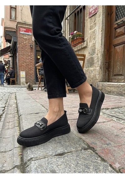 Fort Ventes 346415 Rahat Taş Toka Aksesuarlı Triko Loafer Kadın Ayakkabı Siyah