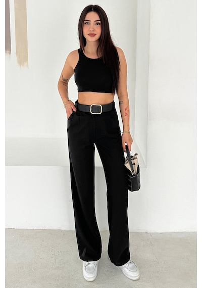 Pileli Yüksek Bel Kemerli Kumaş Pantolon Elegant siyah