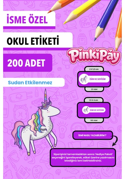 İsim Yazılabilir Eğlenceli Unicorn Temalı Okul Etiketi Kalem & Defter İçin 200 Adet Çoklu