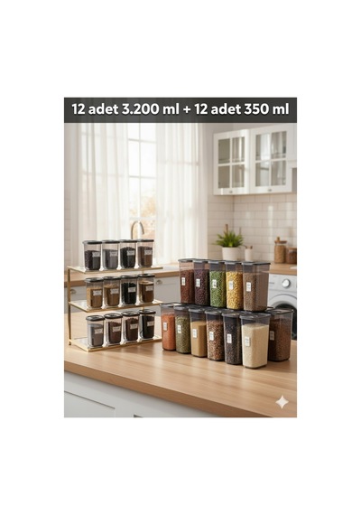 24 Parça Mega Set 12 Adet 3200 Ml Erzak Kabı Ve 12 Adet Döner Başlıklı Baharatlık Saklama Seti Gri - 786934312 Gri