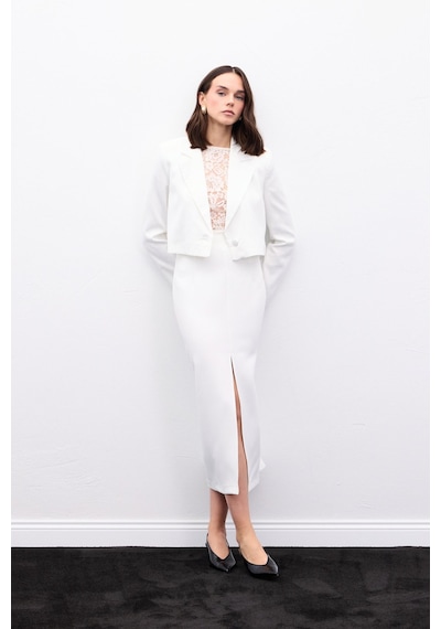Sateen Yırtmaçlı Midi Etek - Ekru-136987 Ekru