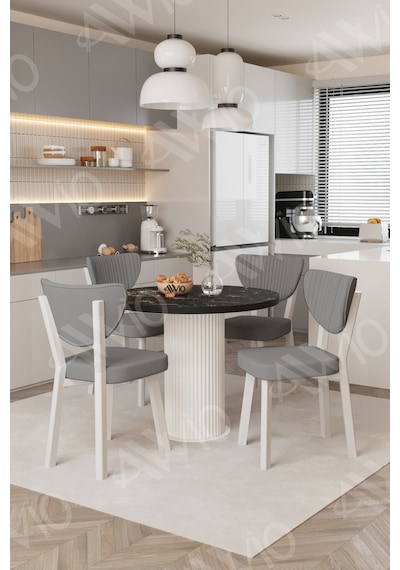 Avvio Elma Yuvarlak Siyah Mermer Mutfak Masa 4 Adet Sandalyeli Takım 90x90 Cm Gri Avvio Elma Yuvarlak Siyah Mermer Mutfak Masa 4 Adet Sandalyeli Takım 90x90 Cm Gri