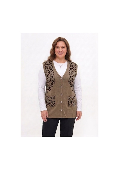 Onno Style Women Simli Leopar Desen Klasik Düğmeli Yelek Vizon