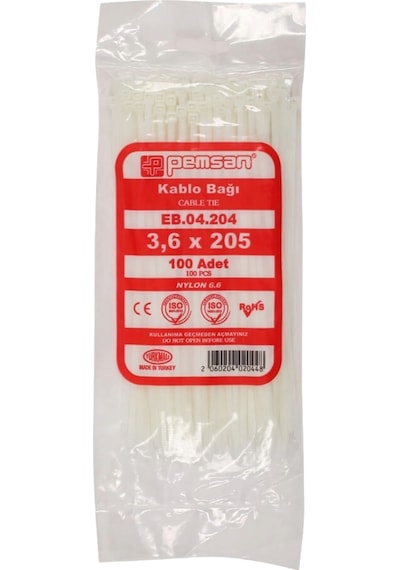 Pemsan - 3,6mm X 205mm Plastik Cırt Kelepçe - Kablo Bağı - Beyaz